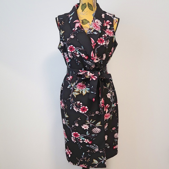 Calvin Klein Dress Wrap Style Collar Floral Black - Picture 2 of 8